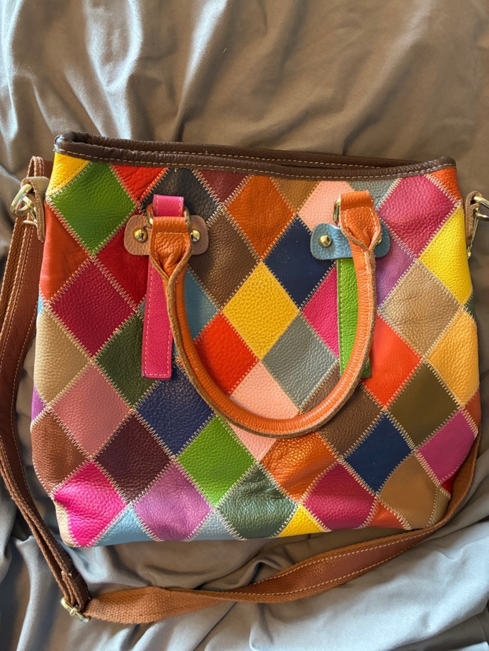 Multicolor Diamond Patchwork Segater Leather Tote Bag - Picture 4 of 6